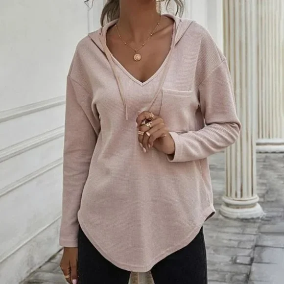 Comfy Curved Hem  Drop Shoulder Drawstring Hoodie Top light apricot blush - Picture 5 of 8
